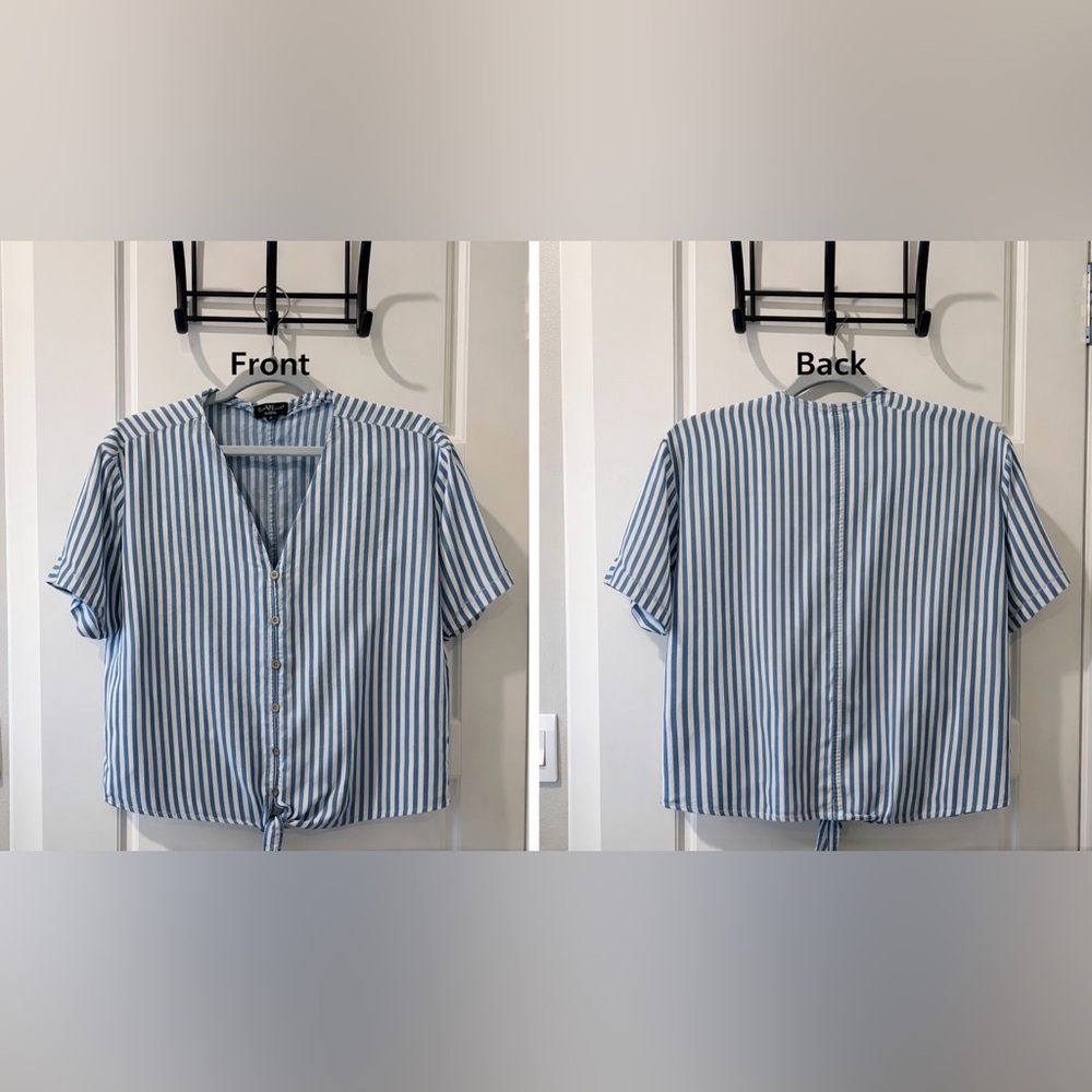 Blue and White Striped Button-Up Blouse